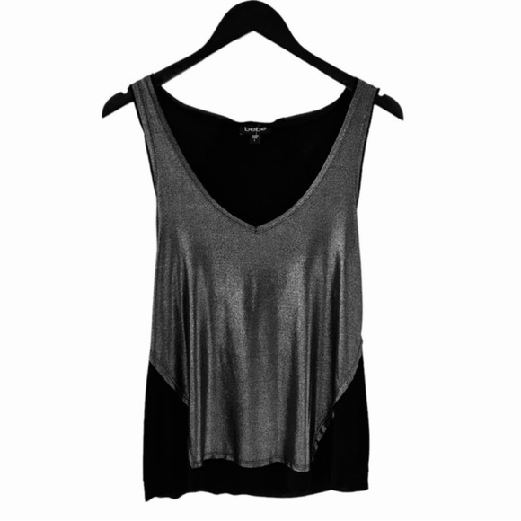 BeBe Metallic Silver and Black Sleeveless V-Neck Top Size Small - Picture 2 of 6